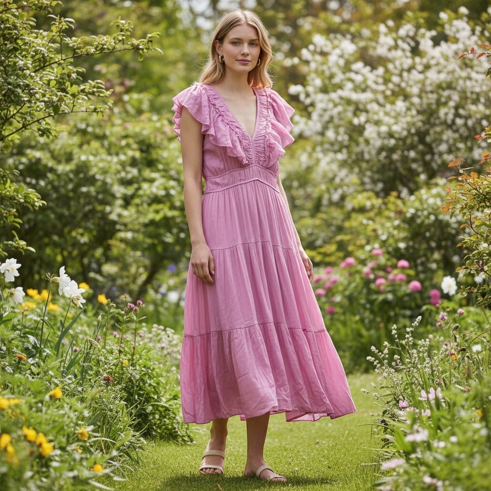 NEW Joie Dress Women's L Orchid Pink Ruffle V-Neck Tiered Midi